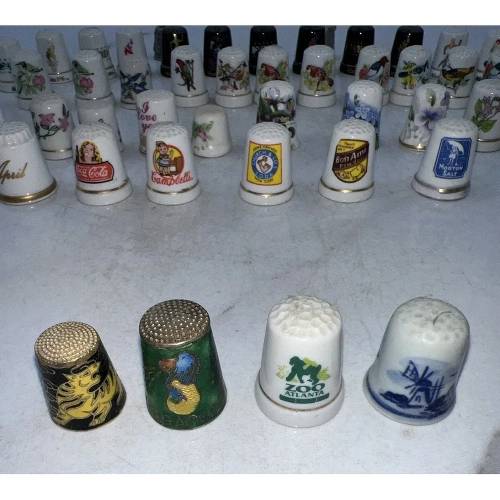 Vtg Thimbles Ceramic Metal, Cloisonné, Olympics, Birds, Advertising Lot of 44